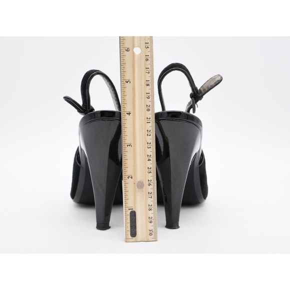 Linea Paolo Sandals Womens 7 Black Suede Buckle Bow Cone Heel Slingback Peep Toe - Picture 9 of 11